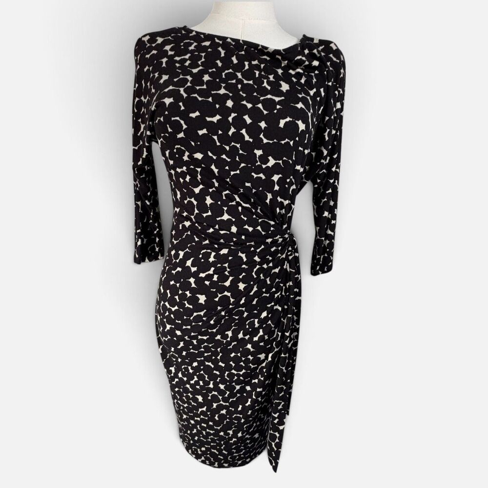 Ann Taylor Black White Abstract Faux Wrap Sheath Dress Women's XS Ruched Stretch
